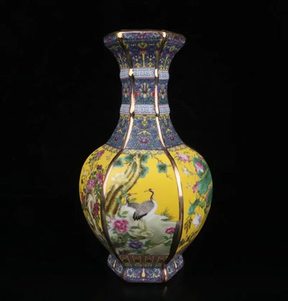 China Colored glaze ceramic flowers bird six square vase crafts statue