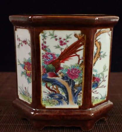 China Colored glaze ceramic six Fong Pen holder crafts statue
