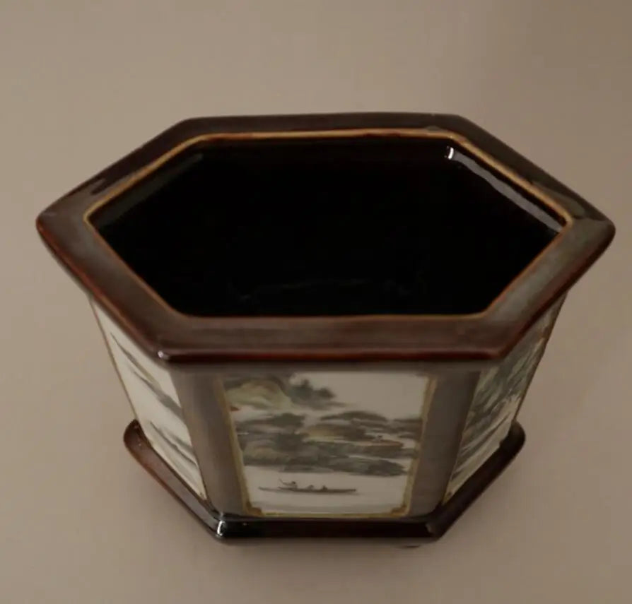 China Colored glaze ceramic six Fong Pen holder crafts statue