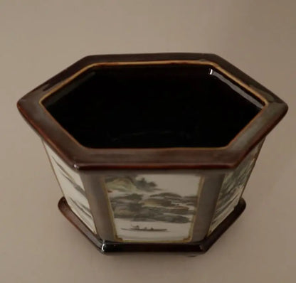 China Colored glaze ceramic six Fong Pen holder crafts statue