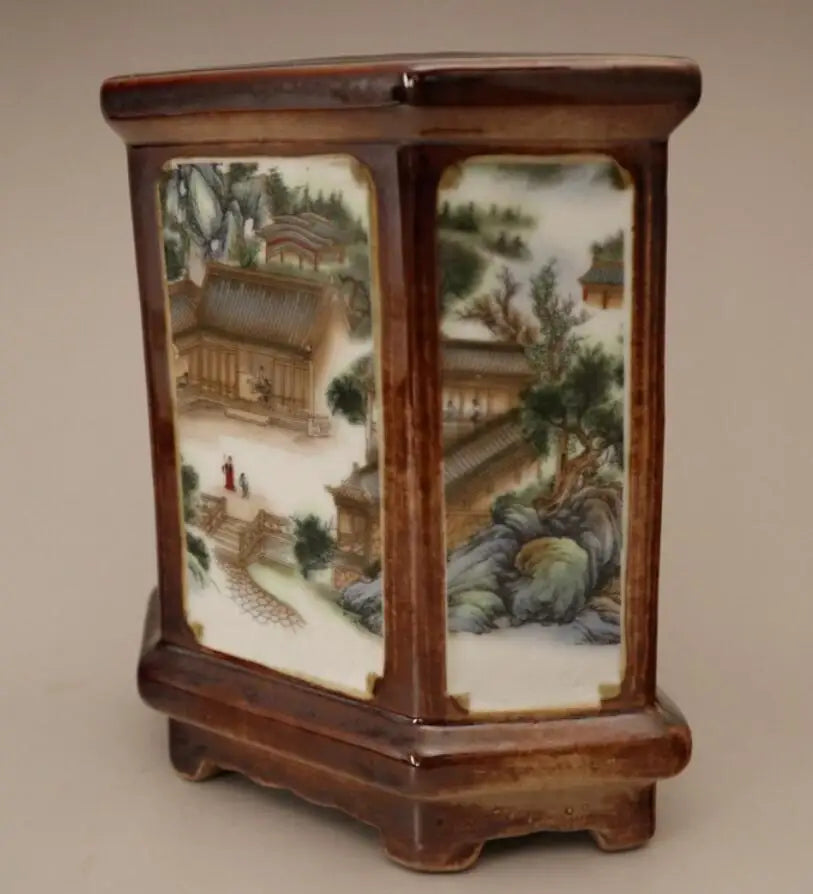 China Colored glaze ceramic six Fong Pen holder crafts statue