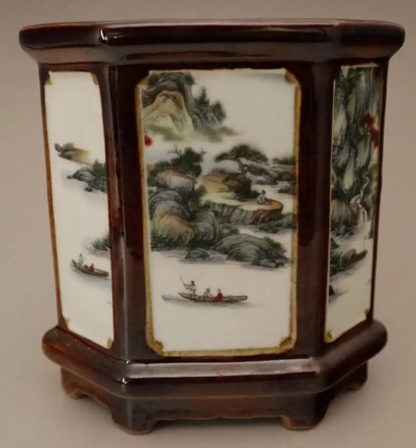 China Colored glaze ceramic six Fong Pen holder crafts statue