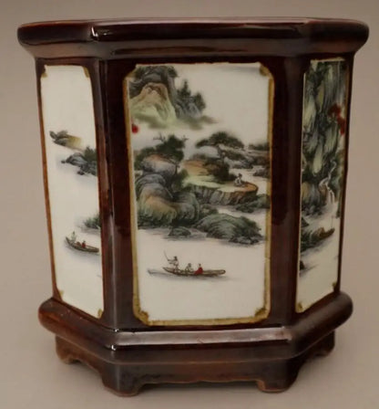 China Colored glaze ceramic six Fong Pen holder crafts statue