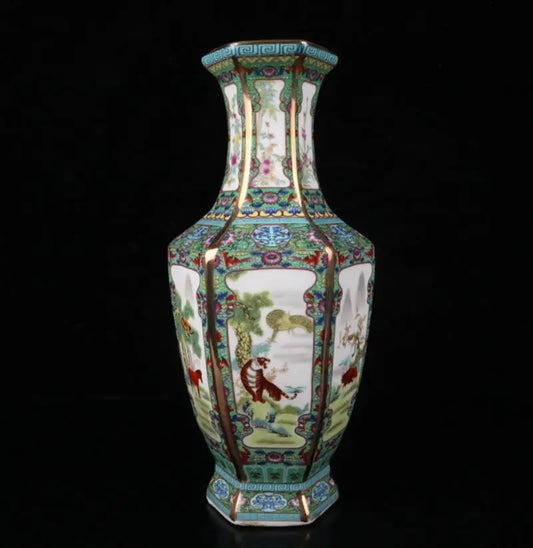 China Colored glaze ceramic twelve zodiac six square vase crafts statue