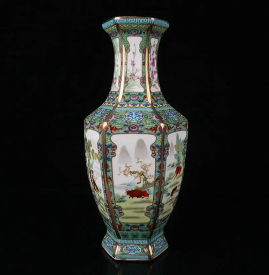 China Colored glaze ceramic twelve zodiac six square vase crafts statue