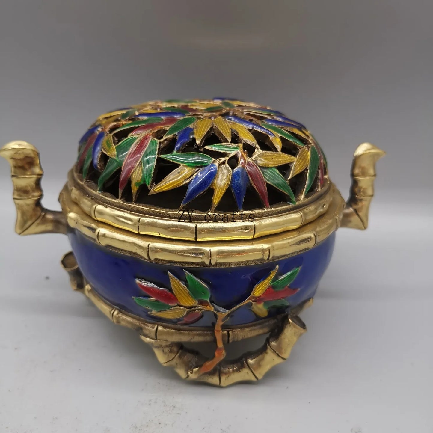 China Copper Cloisonne Bamboo Incense Burner Crafts Brass Statue