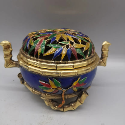 China Copper Cloisonne Bamboo Incense Burner Crafts Brass Statue