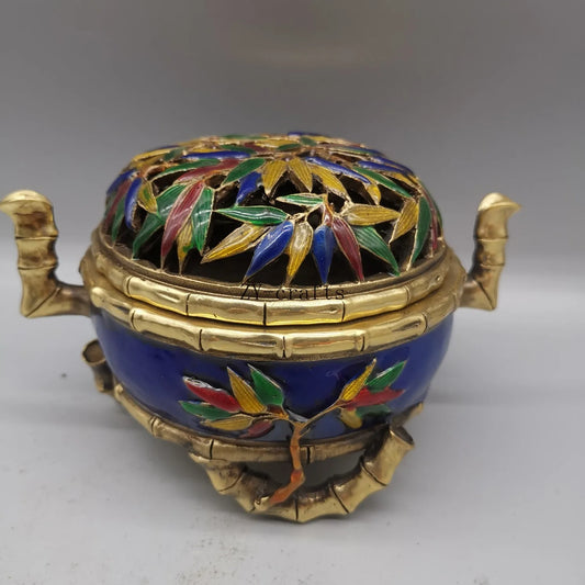 China Copper Cloisonne Bamboo Incense Burner Crafts Brass Statue