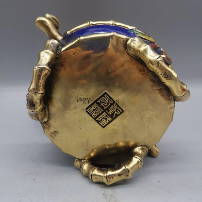 China Copper Cloisonne Bamboo Incense Burner Crafts Brass Statue