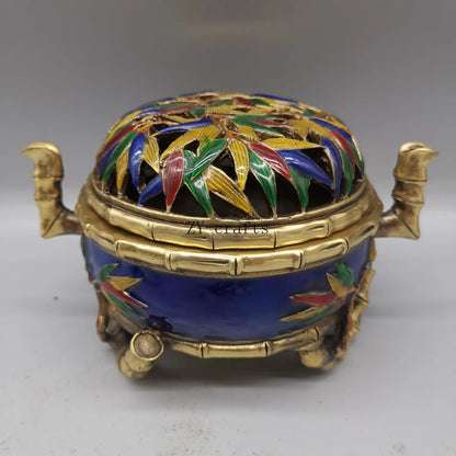 China Copper Cloisonne Bamboo Incense Burner Crafts Brass Statue