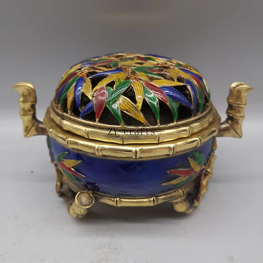 China Copper Cloisonne Bamboo Incense Burner Crafts Brass Statue
