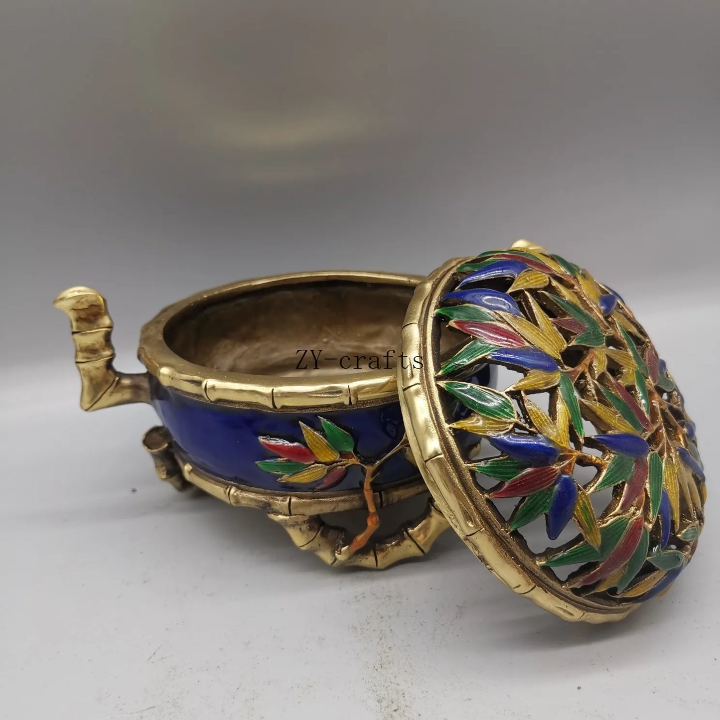 China Copper Cloisonne Bamboo Incense Burner Crafts Brass Statue
