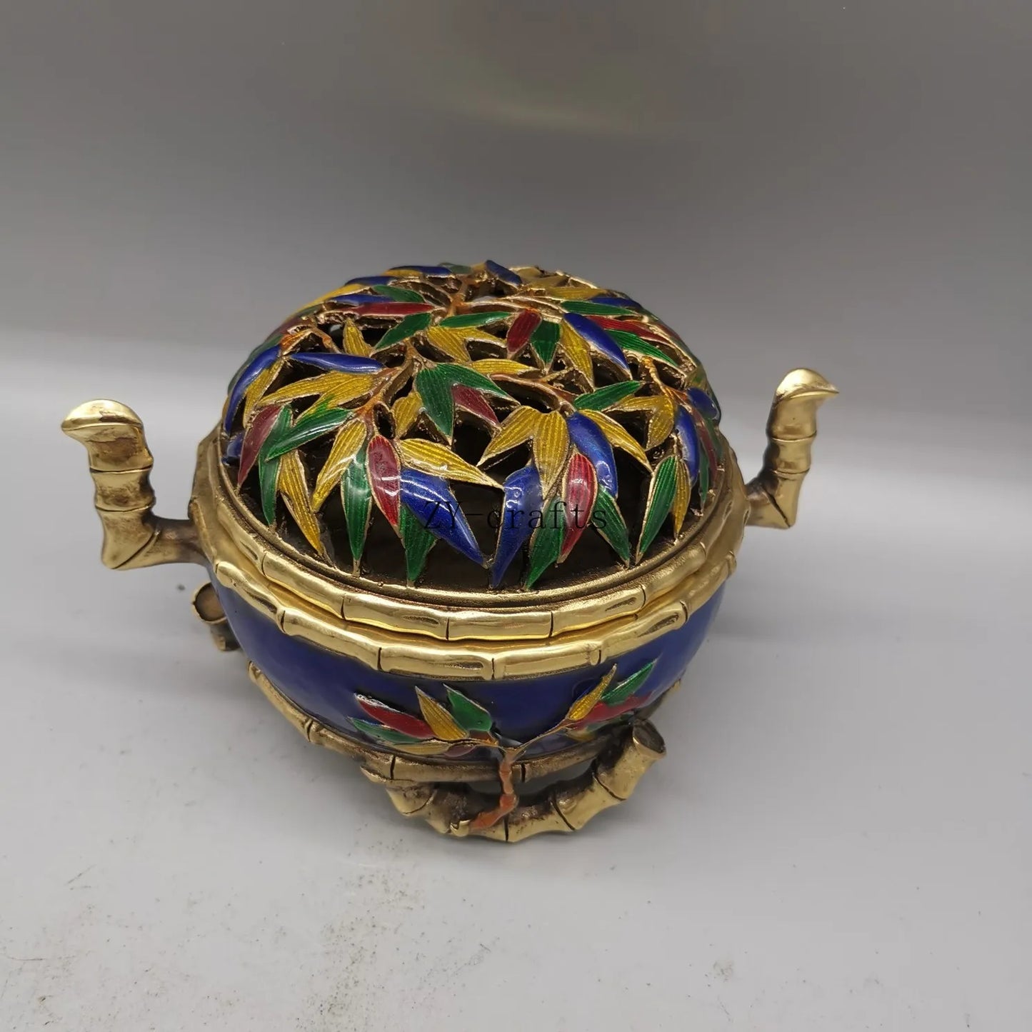 China Copper Cloisonne Bamboo Incense Burner Crafts Brass Statue