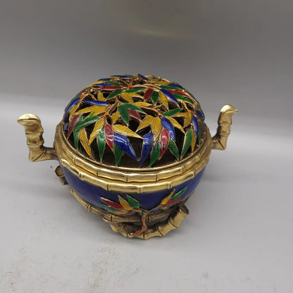 China Copper Cloisonne Bamboo Incense Burner Crafts Brass Statue