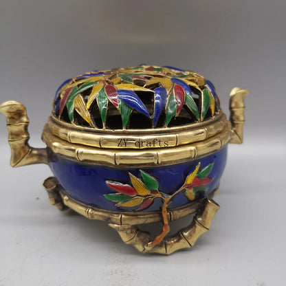 China Copper Cloisonne Bamboo Incense Burner Crafts Brass Statue