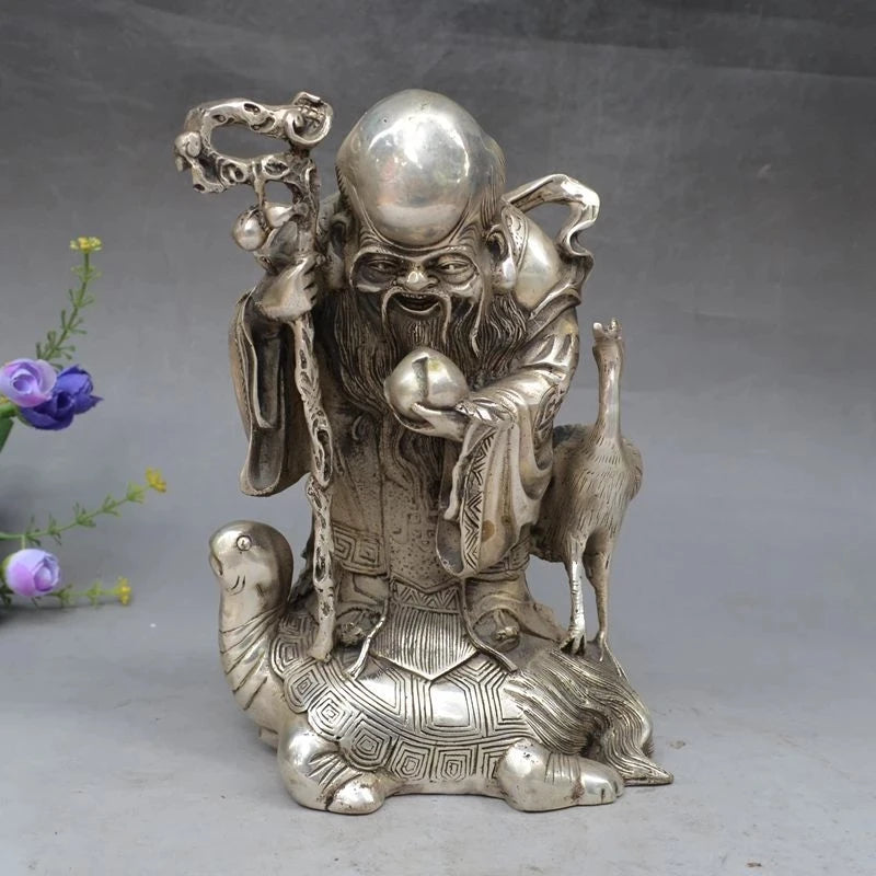 China FengShui Silver Peach Longevity Star God Crane Gourd Shou Turtle Statue