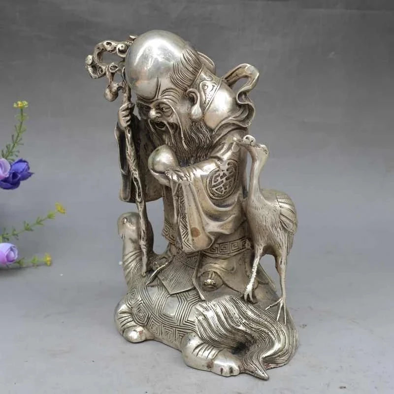 China FengShui Silver Peach Longevity Star God Crane Gourd Shou Turtle Statue