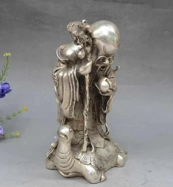 China FengShui Silver Peach Longevity Star God Crane Gourd Shou Turtle Statue