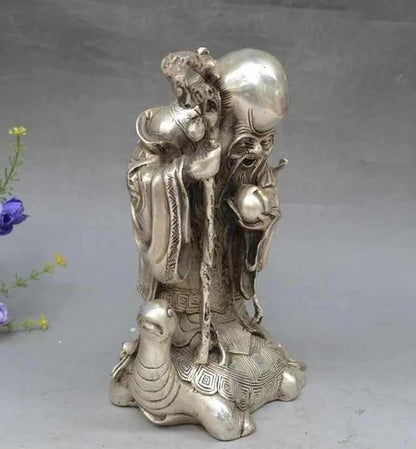 China FengShui Silver Peach Longevity Star God Crane Gourd Shou Turtle Statue