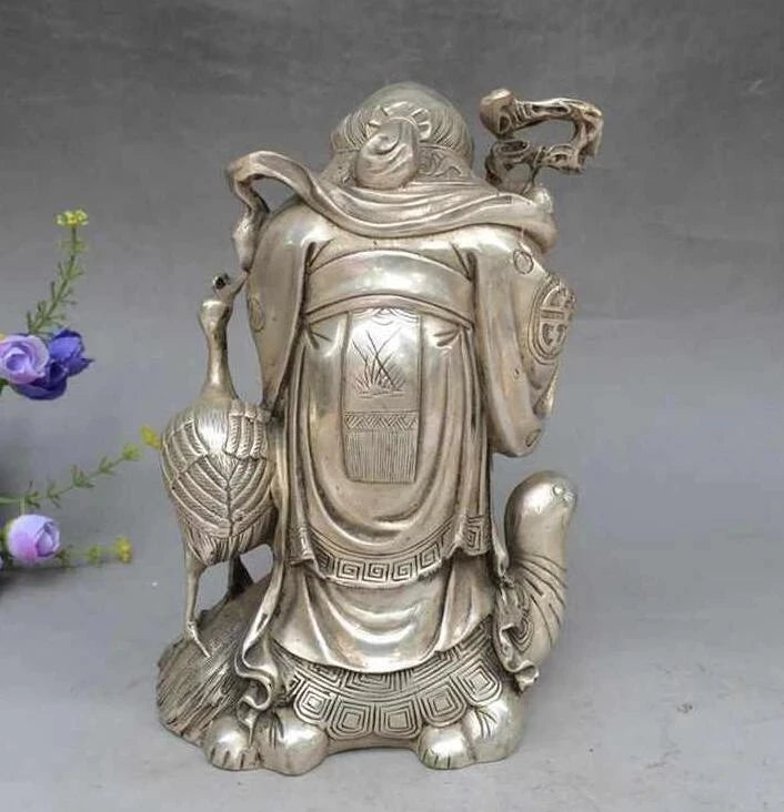 China FengShui Silver Peach Longevity Star God Crane Gourd Shou Turtle Statue