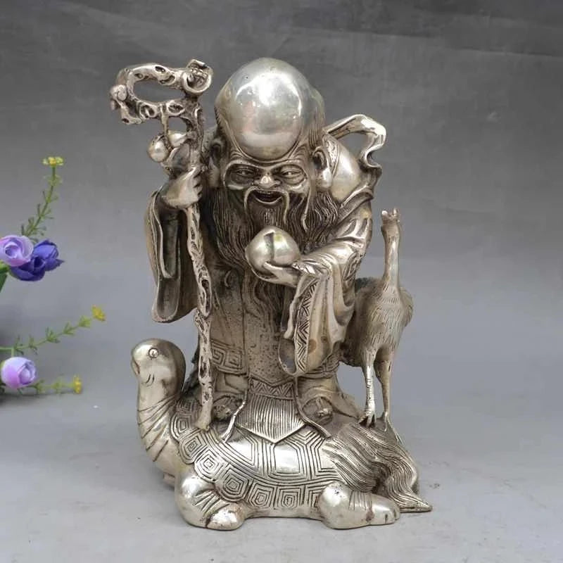 China FengShui Silver Peach Longevity Star God Crane Gourd Shou Turtle Statue