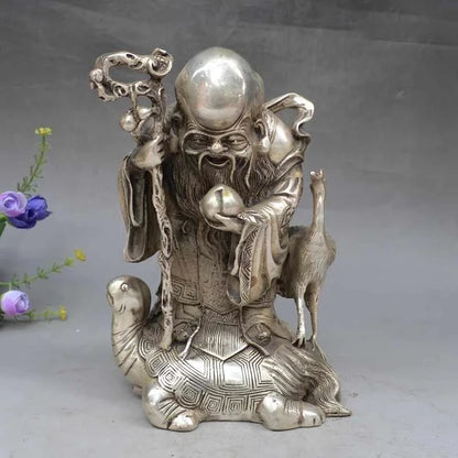 China FengShui Silver Peach Longevity Star God Crane Gourd Shou Turtle Statue