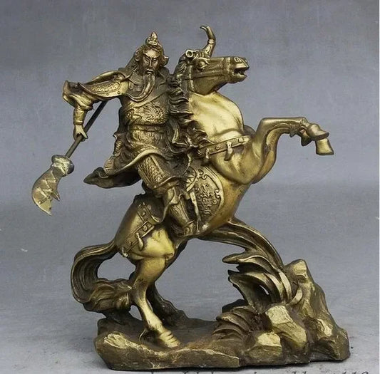 China Fengshui Brass Warrior God Guan Gong GuanYu Hold sword Ride Horse Statue