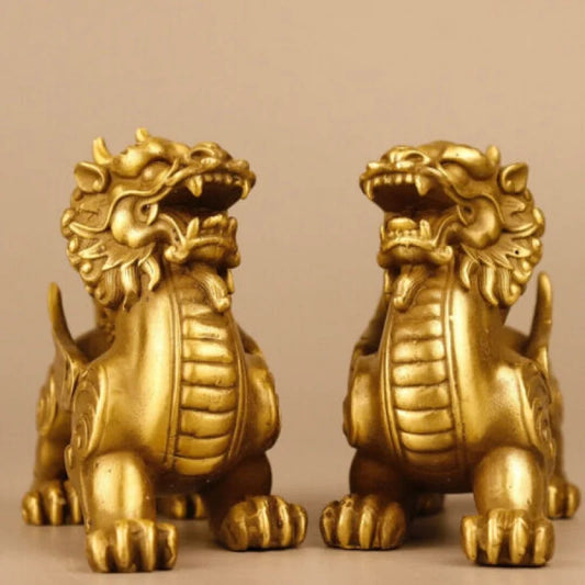 China Fengshui Bronze Pixiu Brave troops Unicorn Beast Statue Pair Ornament