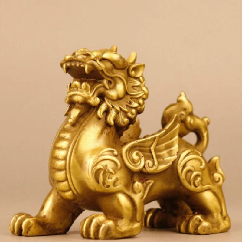 China Fengshui Bronze Pixiu Brave troops Unicorn Beast Statue Pair Ornament