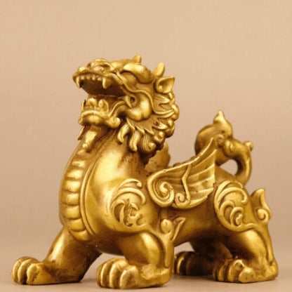 China Fengshui Bronze Pixiu Brave troops Unicorn Beast Statue Pair Ornament