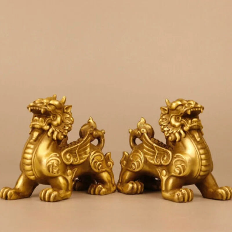 China Fengshui Bronze Pixiu Brave troops Unicorn Beast Statue Pair Ornament