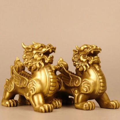 China Fengshui Bronze Pixiu Brave troops Unicorn Beast Statue Pair Ornament