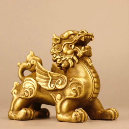China Fengshui Bronze Pixiu Brave troops Unicorn Beast Statue Pair Ornament
