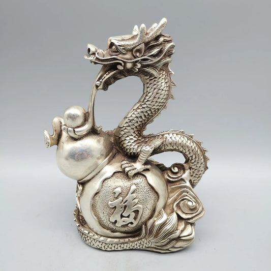 China Fengshui White Copper Dragon Gourd Crafts Statue