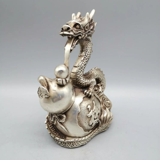 China Fengshui White Copper Dragon Gourd Crafts Statue