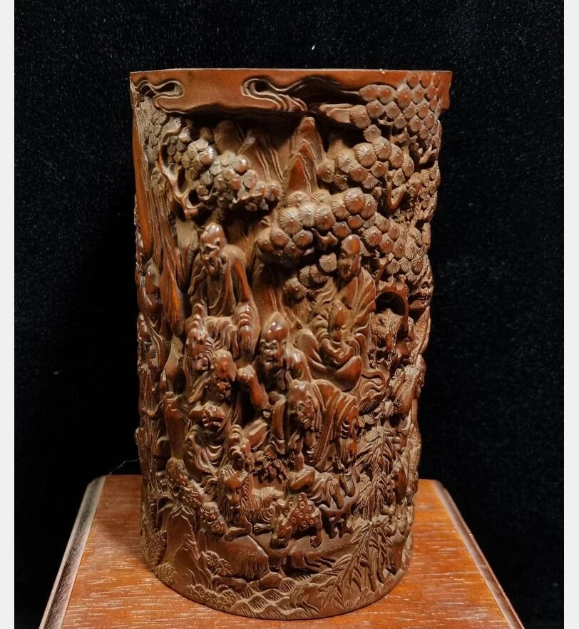 China Hand-carved boxwood archaize eighteen Rohan Pen holder crafts statue