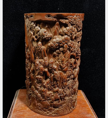 China Hand-carved boxwood archaize eighteen Rohan Pen holder crafts statue