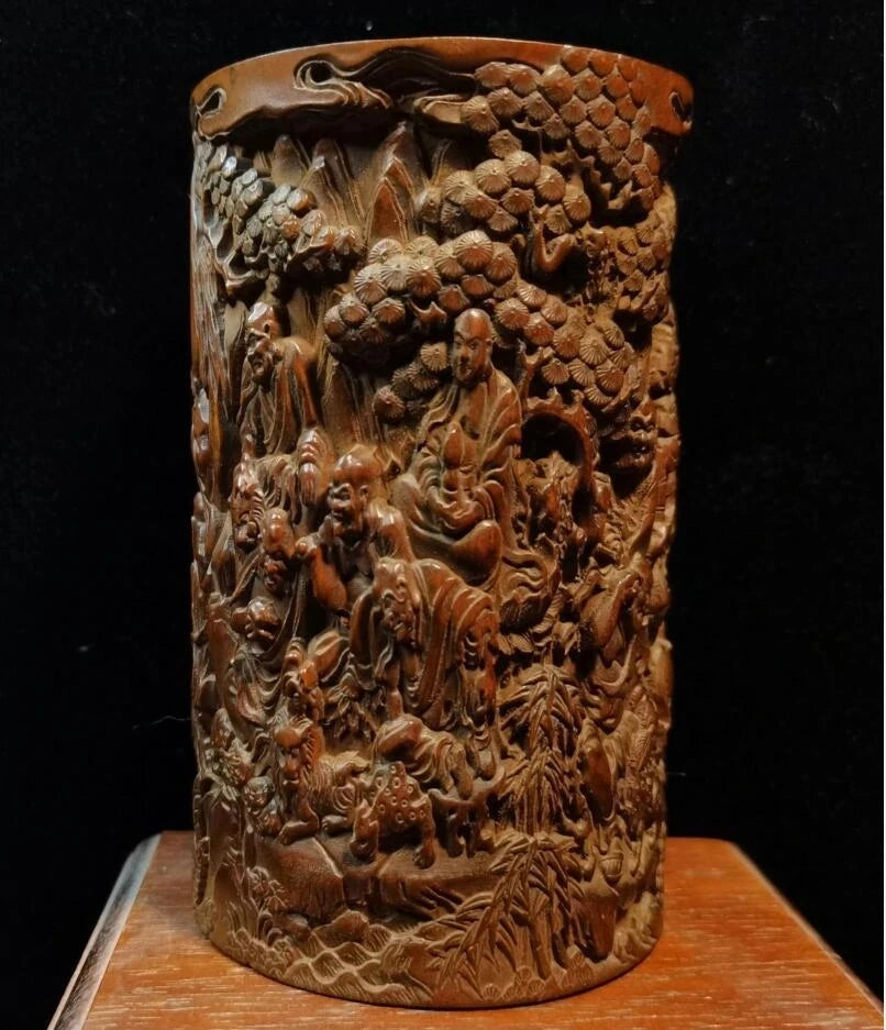 China Hand-carved boxwood archaize eighteen Rohan Pen holder crafts statue