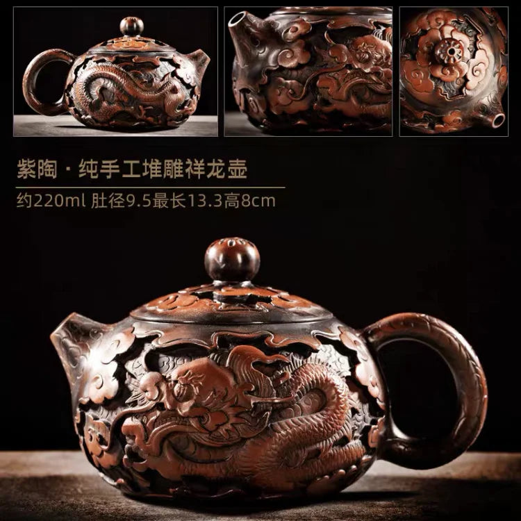 China Jianshui Purple Clay  Black Ceramic Handmade Full Dragon Carving Teapot Kettle  Porcelain Kung Fu Tea Set Drinkware
