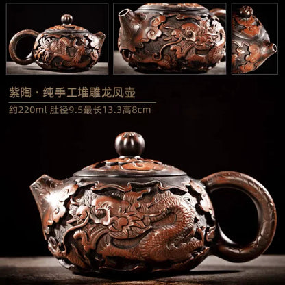 China Jianshui Purple Clay  Black Ceramic Handmade Full Dragon Carving Teapot Kettle  Porcelain Kung Fu Tea Set Drinkware
