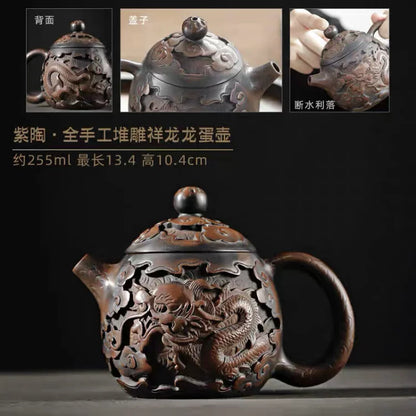 China Jianshui Purple Clay  Black Ceramic Handmade Full Dragon Carving Teapot Kettle  Porcelain Kung Fu Tea Set Drinkware