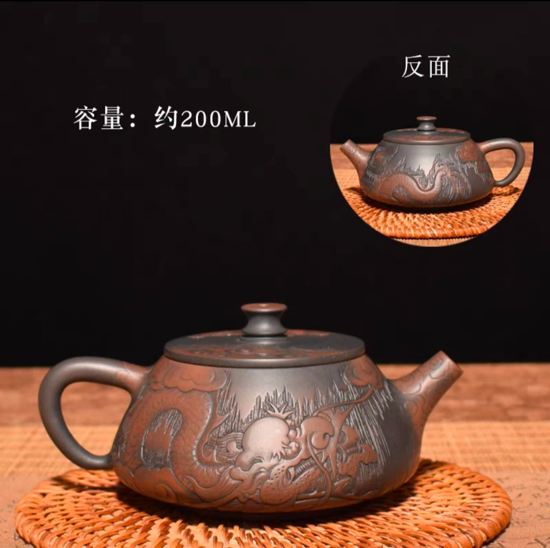 China Jianshui Purple Clay  Black Ceramic Handmade Full Dragon Carving Teapot Kettle  Porcelain Kung Fu Tea Set Drinkware