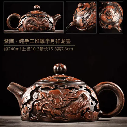 China Jianshui Purple Clay  Black Ceramic Handmade Full Dragon Carving Teapot Kettle  Porcelain Kung Fu Tea Set Drinkware