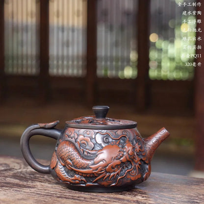 China Jianshui Purple Clay Not Yixing Ceramic Handmade Full Dragon Carving Teapot Kettle  Porcelain Kung Fu Tea Set Drinkware