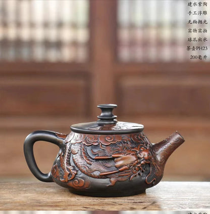 China Jianshui Purple Clay Not Yixing Ceramic Handmade Full Dragon Carving Teapot Kettle  Porcelain Kung Fu Tea Set Drinkware