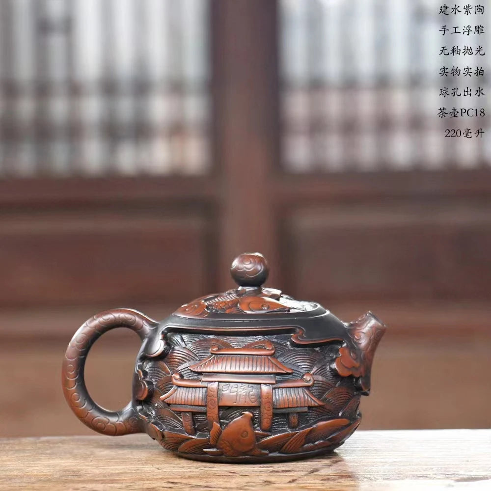 China Jianshui Purple Clay Not Yixing Ceramic Handmade Full Dragon Carving Teapot Kettle  Porcelain Kung Fu Tea Set Drinkware