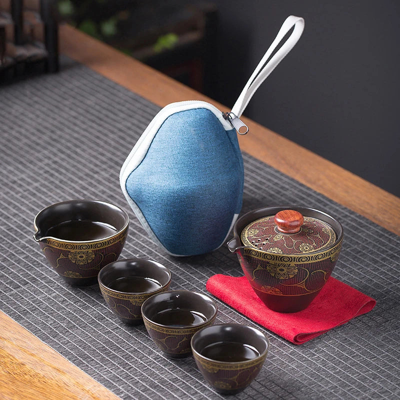 China Kung Fu Teapot Tea Set Ceramic Portable Teapot Set One Pot Four Cup Outdoor Travel Gaiwan Tea Cups of Tea Ceremony Teacup