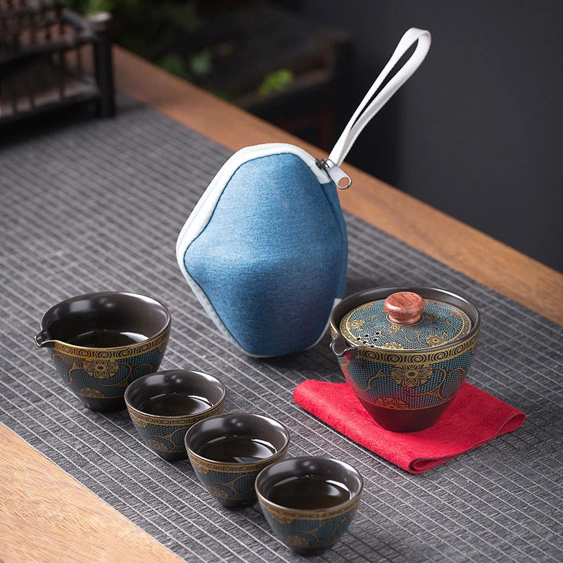 China Kung Fu Teapot Tea Set Ceramic Portable Teapot Set One Pot Four Cup Outdoor Travel Gaiwan Tea Cups of Tea Ceremony Teacup