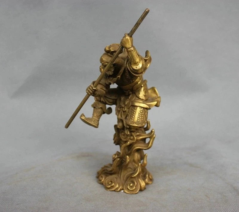 China Myth Bronze Sun Wukong Monkey King Hold Stick Fight Statue