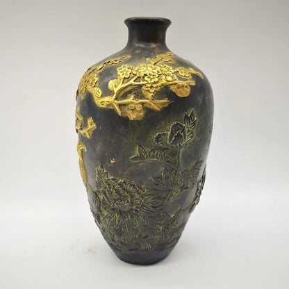 China Old Antique Bronze Gilding Plum blossom Magpie Vase Pot Brass Copper